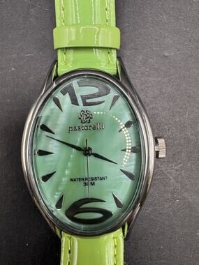 Pastorelli Womens Wrist Watch Green MOP Dial Oval Green Leather Band 29mm